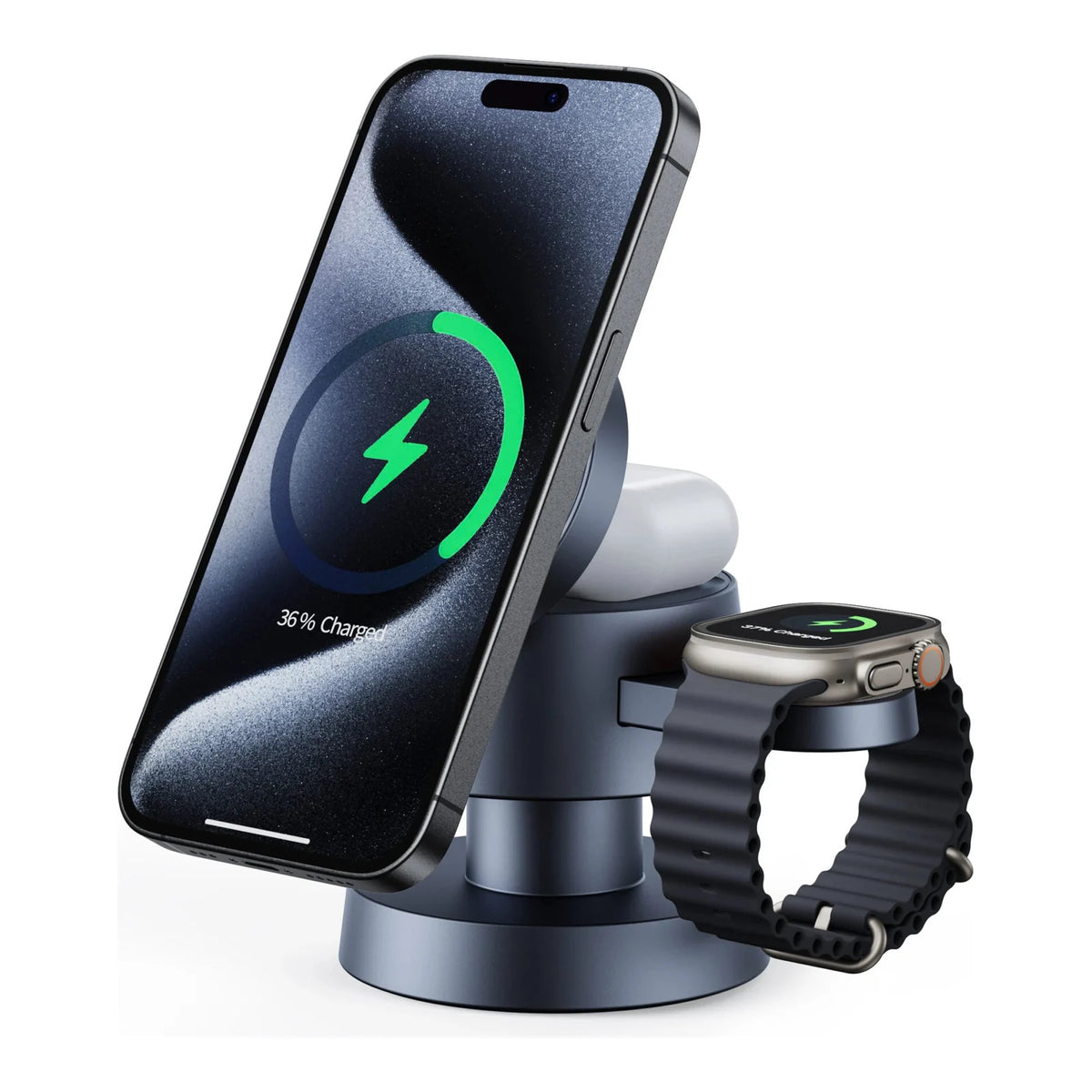 Dock Station Hrebos DK-207 cinza com celular, estojo de fones e relógio apoiados