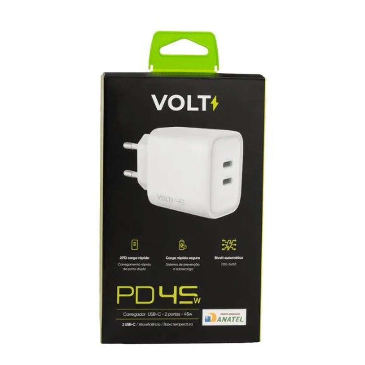 Embalagem frontal do Carregador de Parede Volt 45 W branco com duas portas USB-C