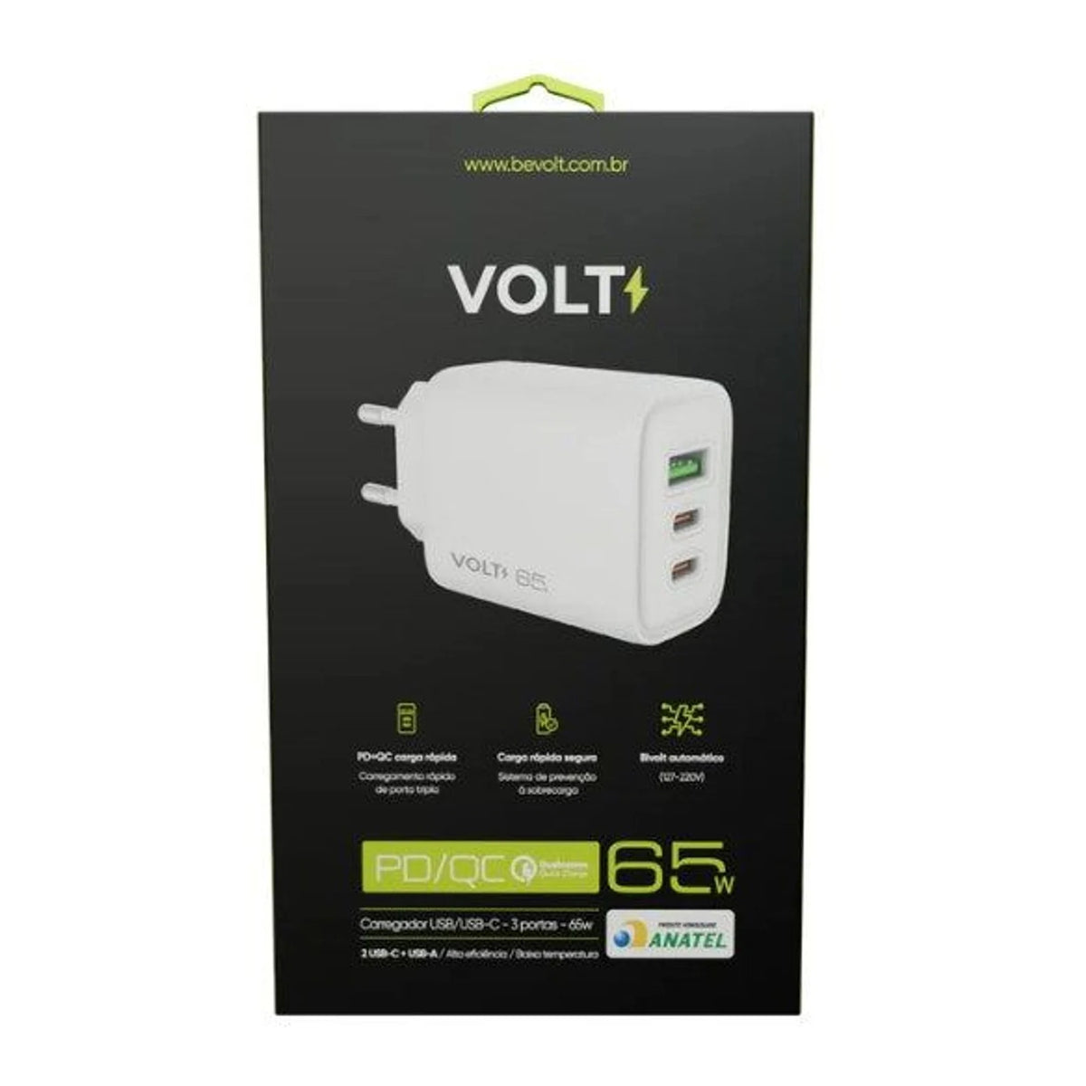 Embalagem frontal do Carregador de Parede Volt 65 W branco com três portas