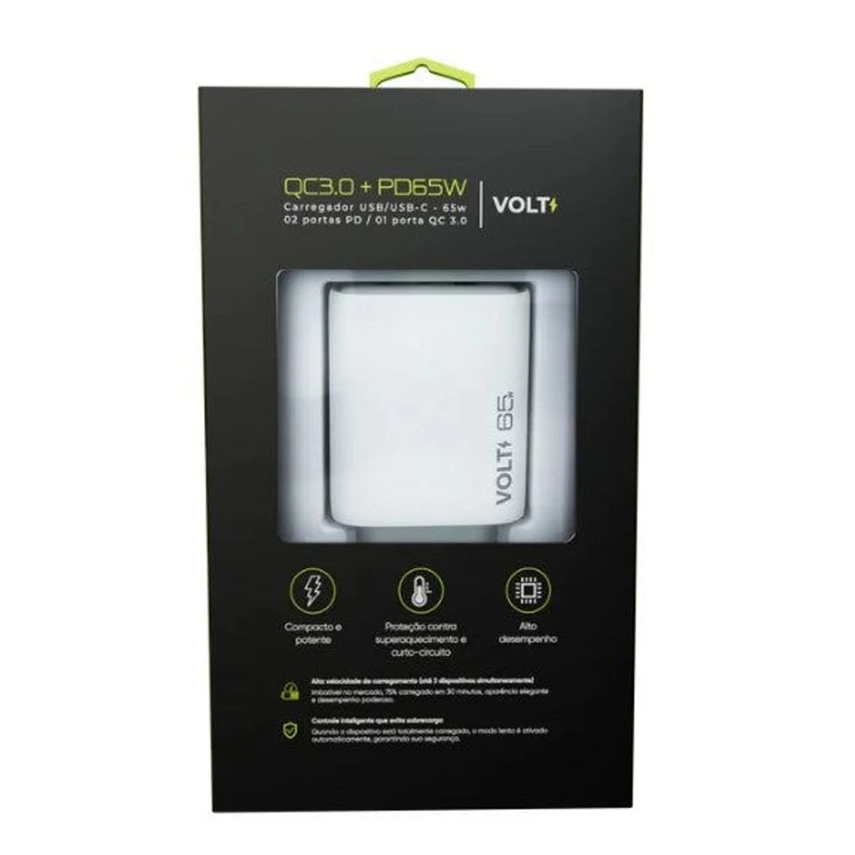 Carregador de Parede Volt 65 W branco visível na embalagem