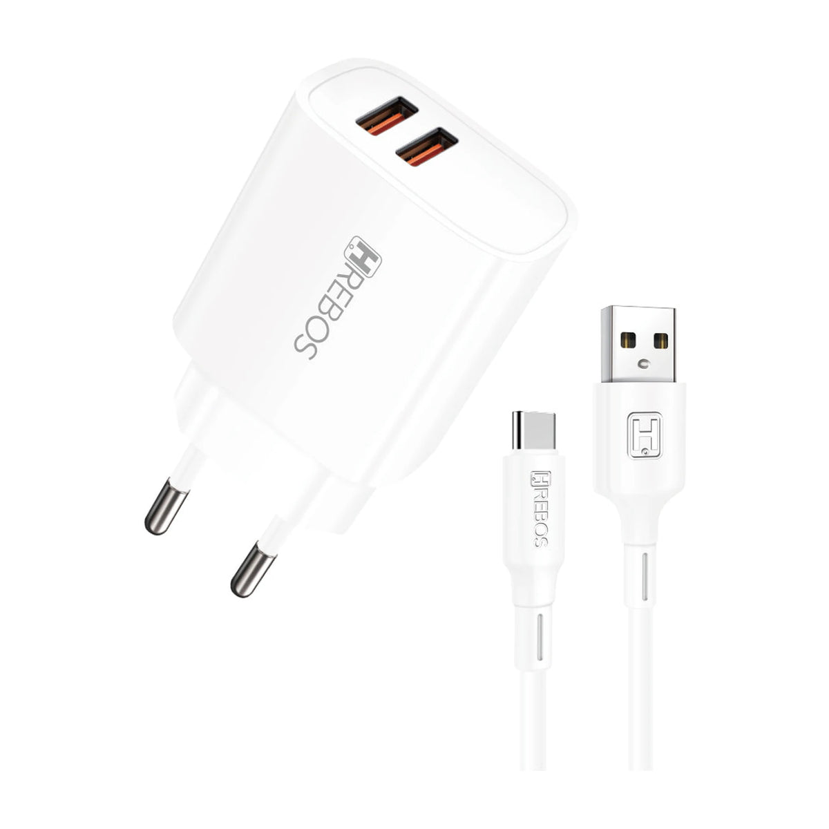 Carregador Hrebos CRG-214 branco em perspectiva com cabo USB-C