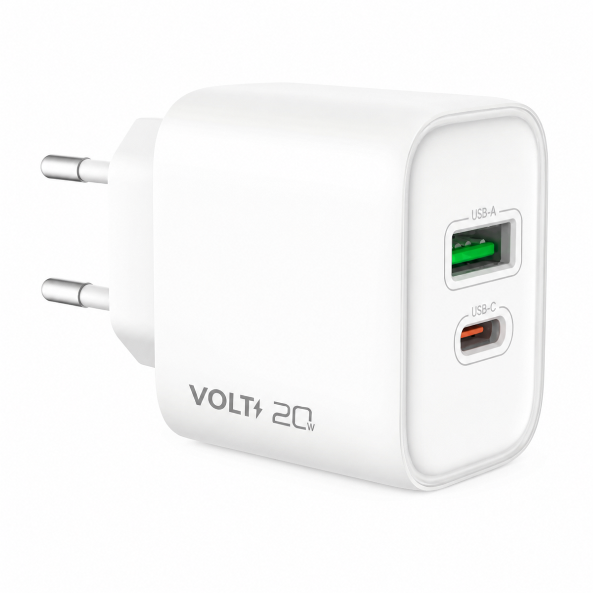Carregador de parede Volt 20W branco com portas USB-A e USB-C em vista frontal