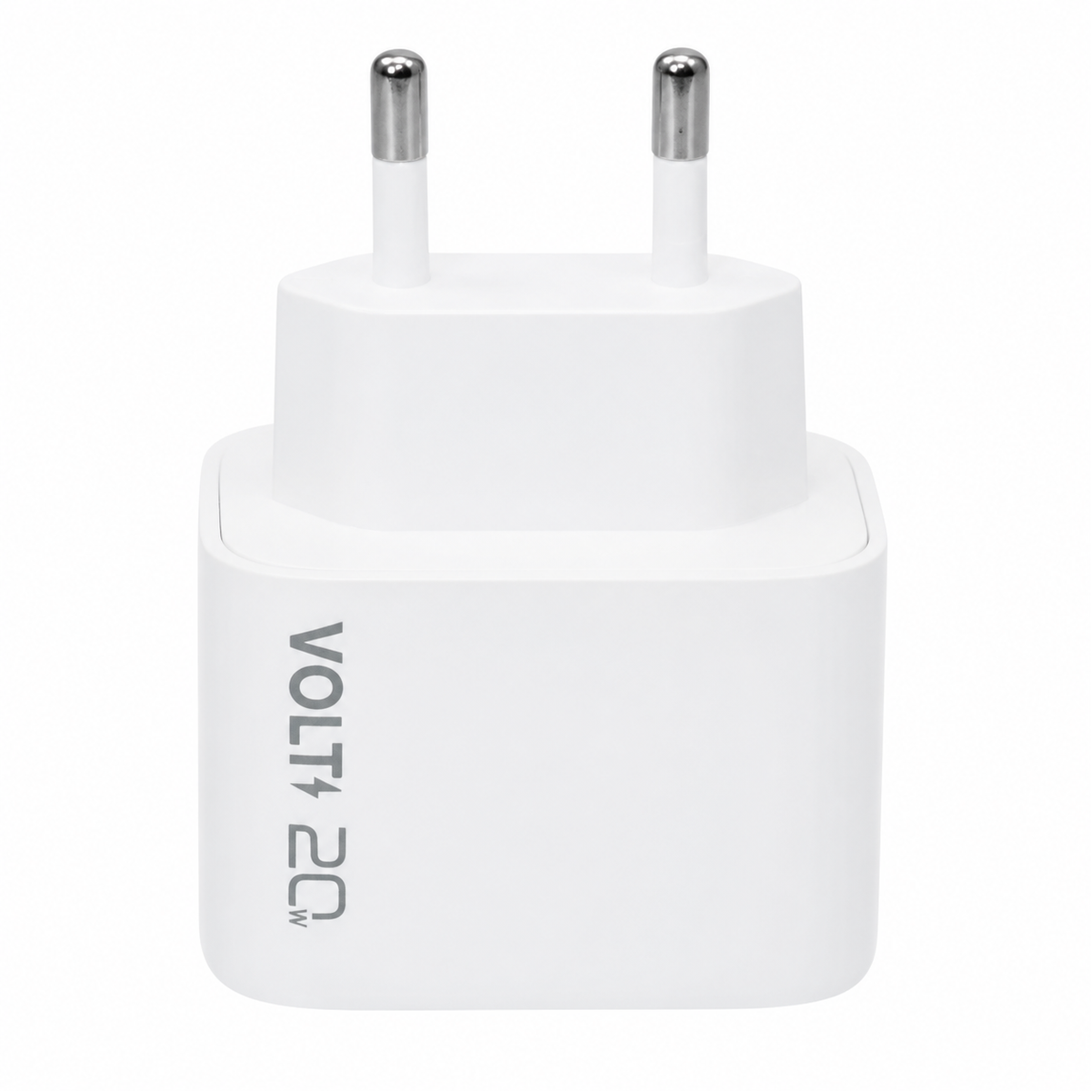 Carregador de parede Volt 20W branco em vista traseira com plugue de dois pinos