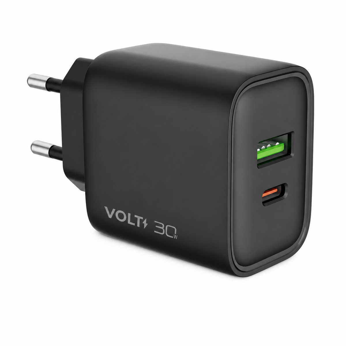 Carregador de parede Volt 30W preto com portas USB-A e USB-C em vista frontal