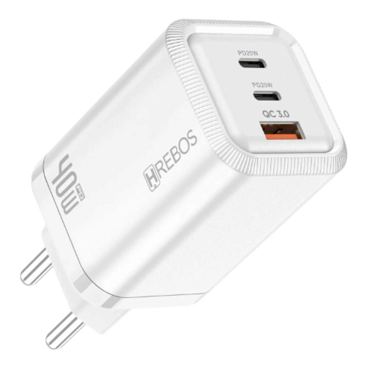Carregador Hrebos CRG-227 branco com duas portas USB-C e uma USB-A