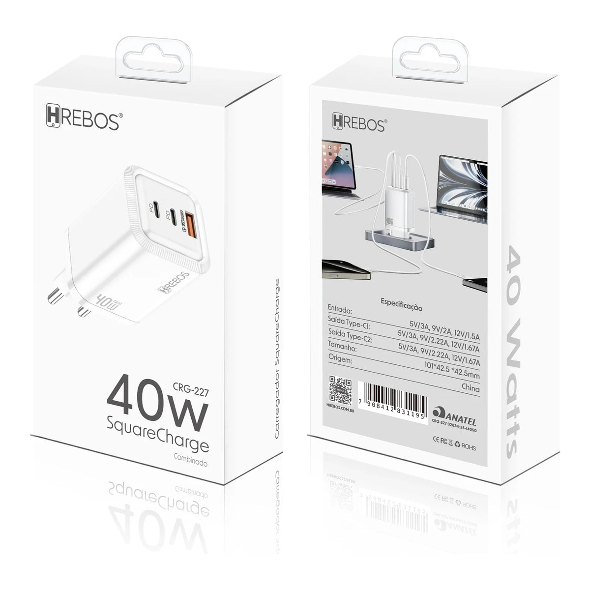Embalagens frontal e traseira do Carregador Hrebos CRG-227 branco