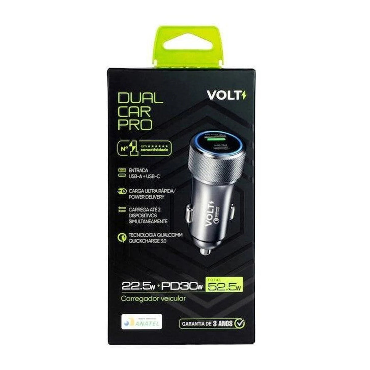 CARREGADOR VEICULAR - DUAL CHARGE PRO CINZA VOLT - vista do produto centralizada em fundo branco