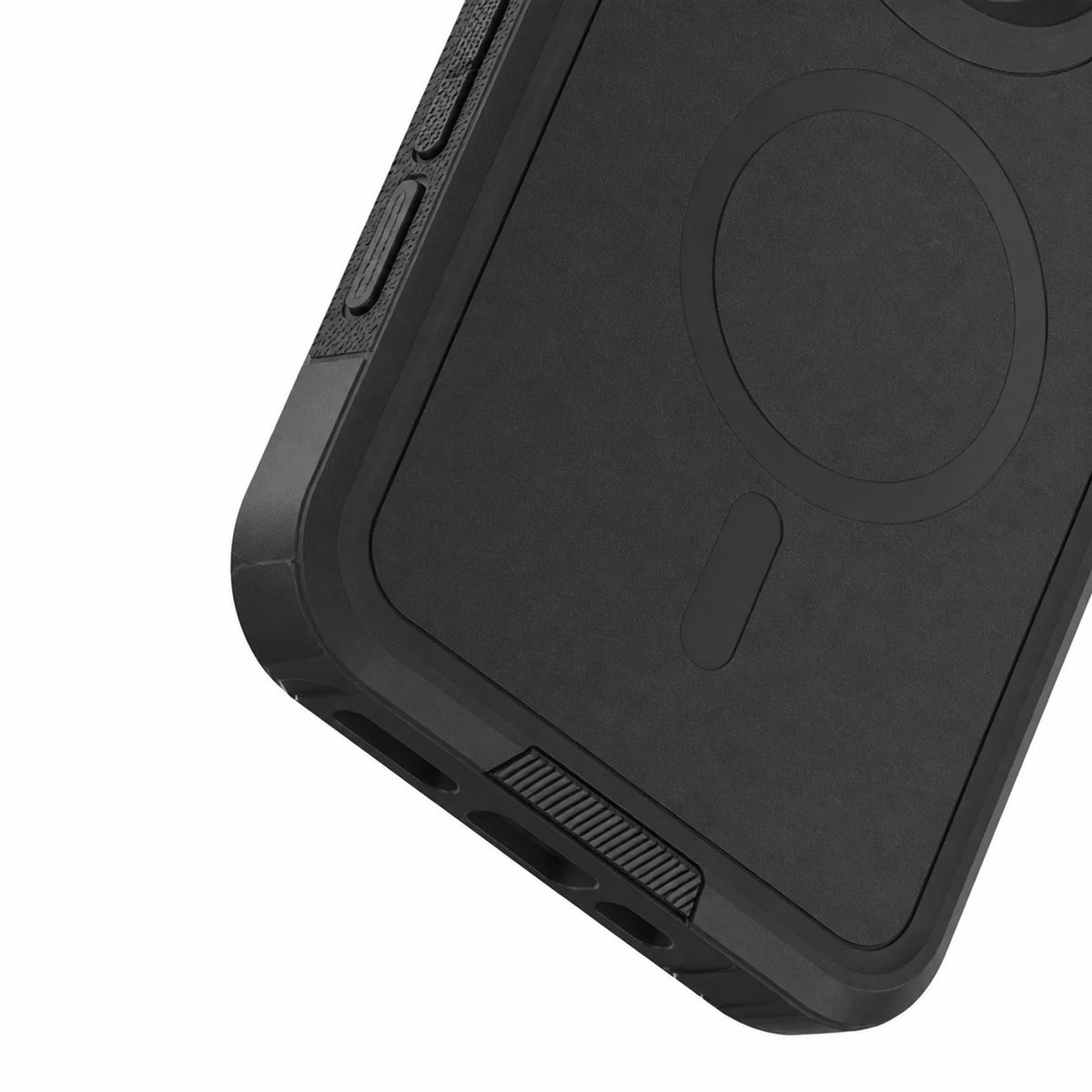 Detalhe da CAPA COMMANDER COM MAGSAFE IPHONE 15 PRO mostrando acabamento reforçado, bordas e área MagSafe
