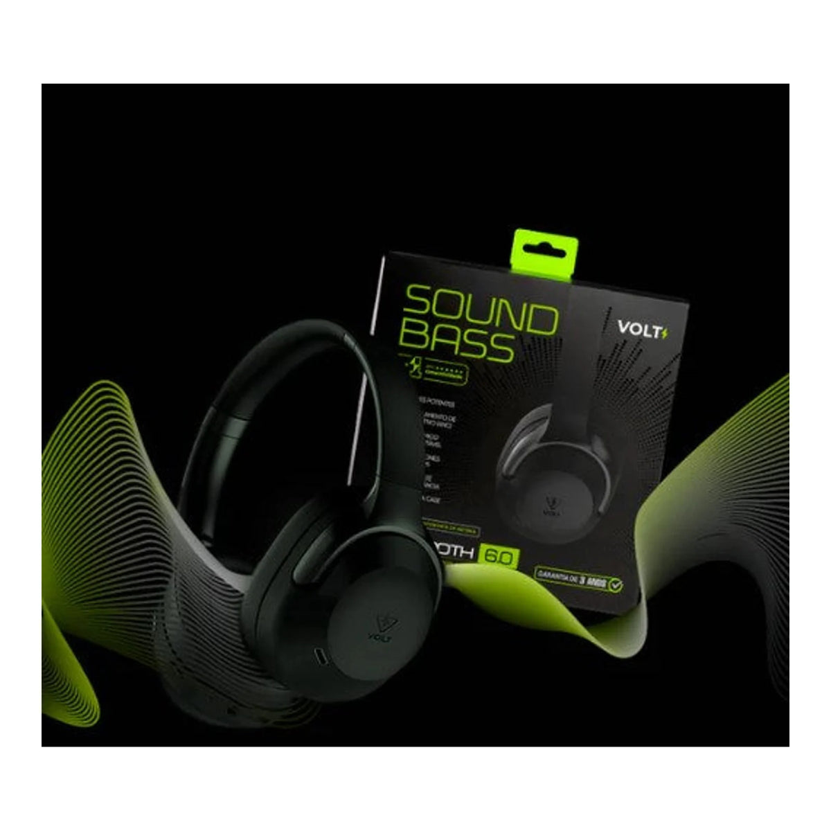 Headphone Volt Sound Bass Bluetooth 6.0 preto com embalagem