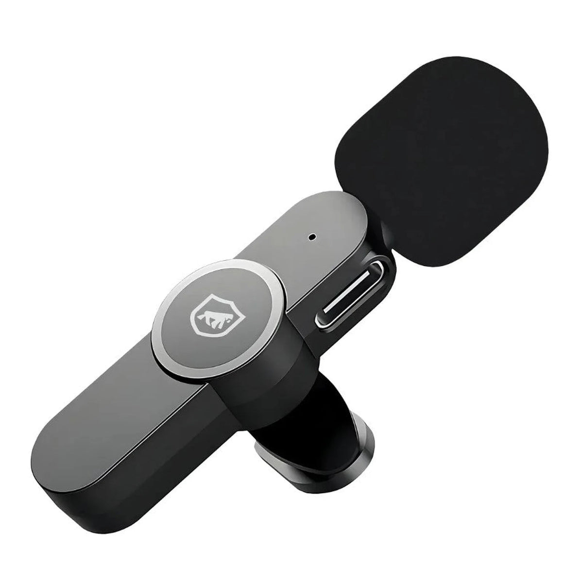 Microfone de Lapela Gshield Flex Lightning preto em perspectiva com espuma e clipe