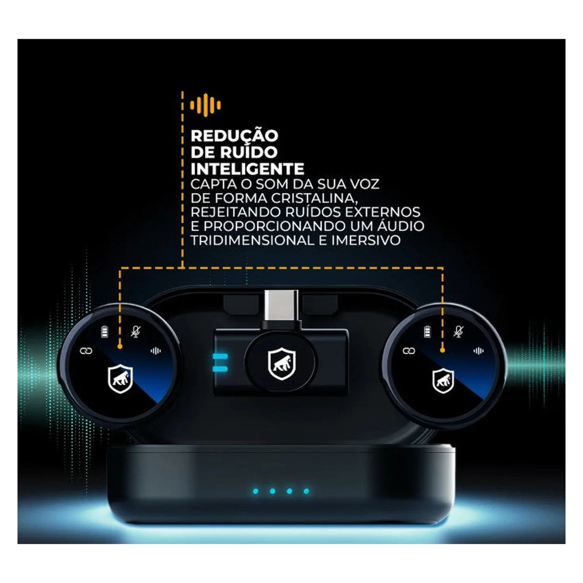 Microfone de Lapela Magnético Gshield Armor preto com estojo de carregamento