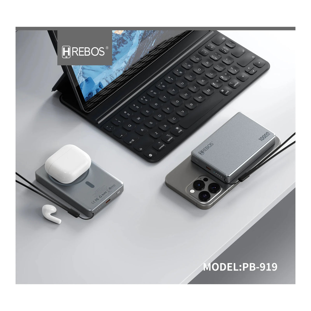 Power Bank Hrebos NexaVolt PB-919 cinza em composição com celular e acessórios
