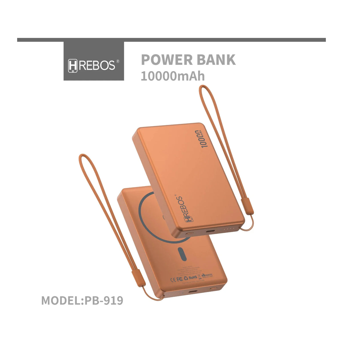 Vistas frontal e traseira do Power Bank Hrebos NexaVolt PB-919 laranja