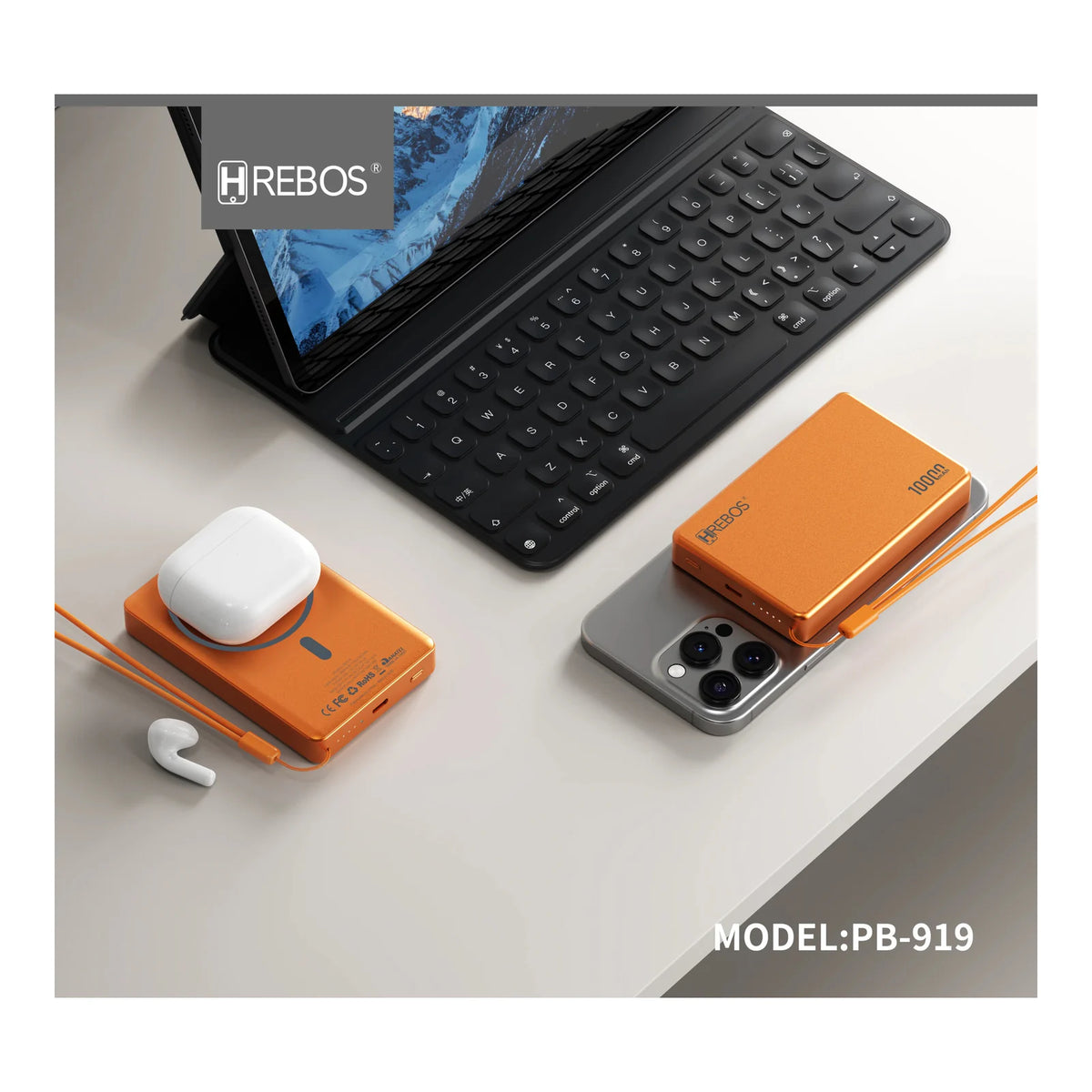 Power Bank Hrebos NexaVolt PB-919 laranja em composição com celular e acessórios