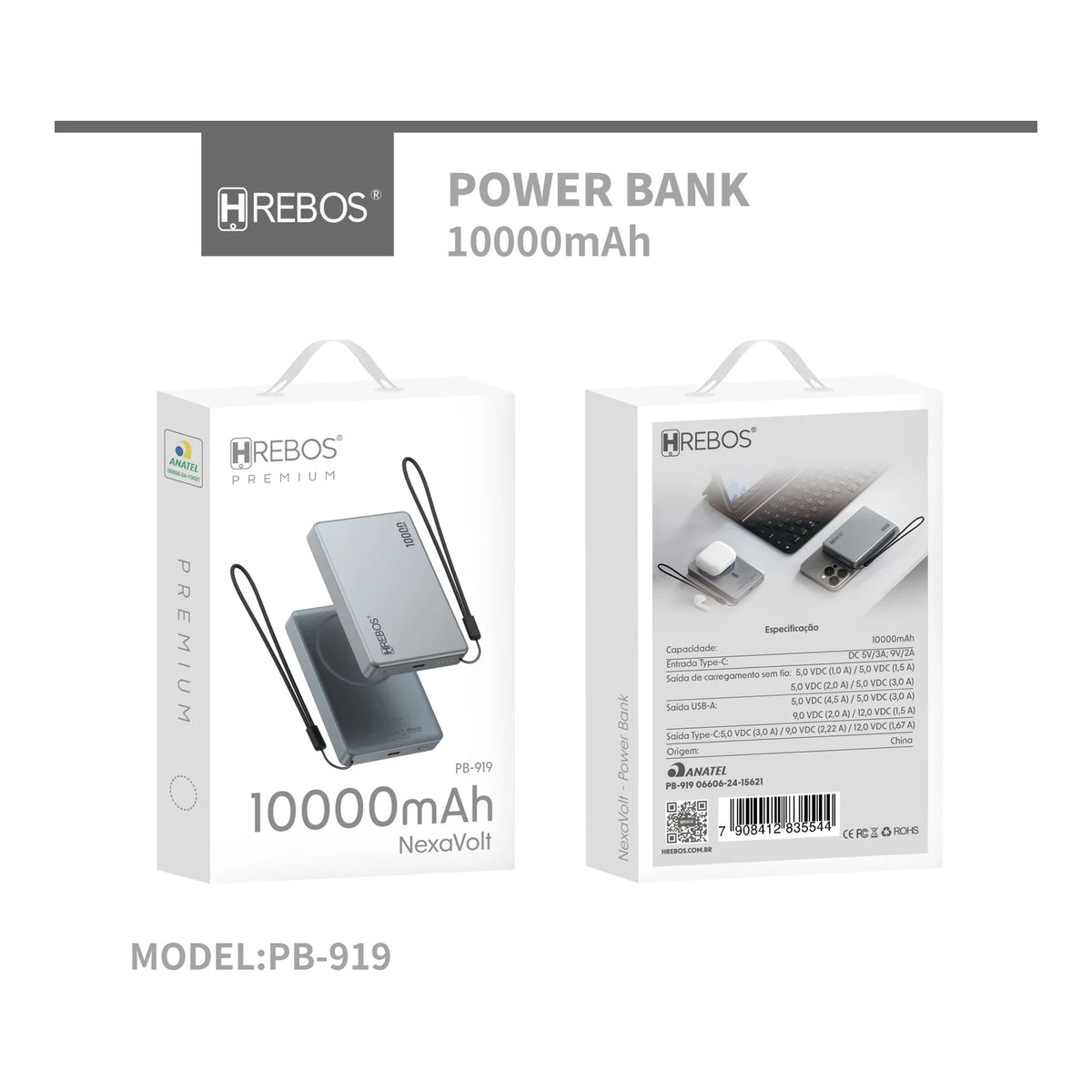 Embalagens frontal e traseira do Power Bank Hrebos NexaVolt PB-919 cinza