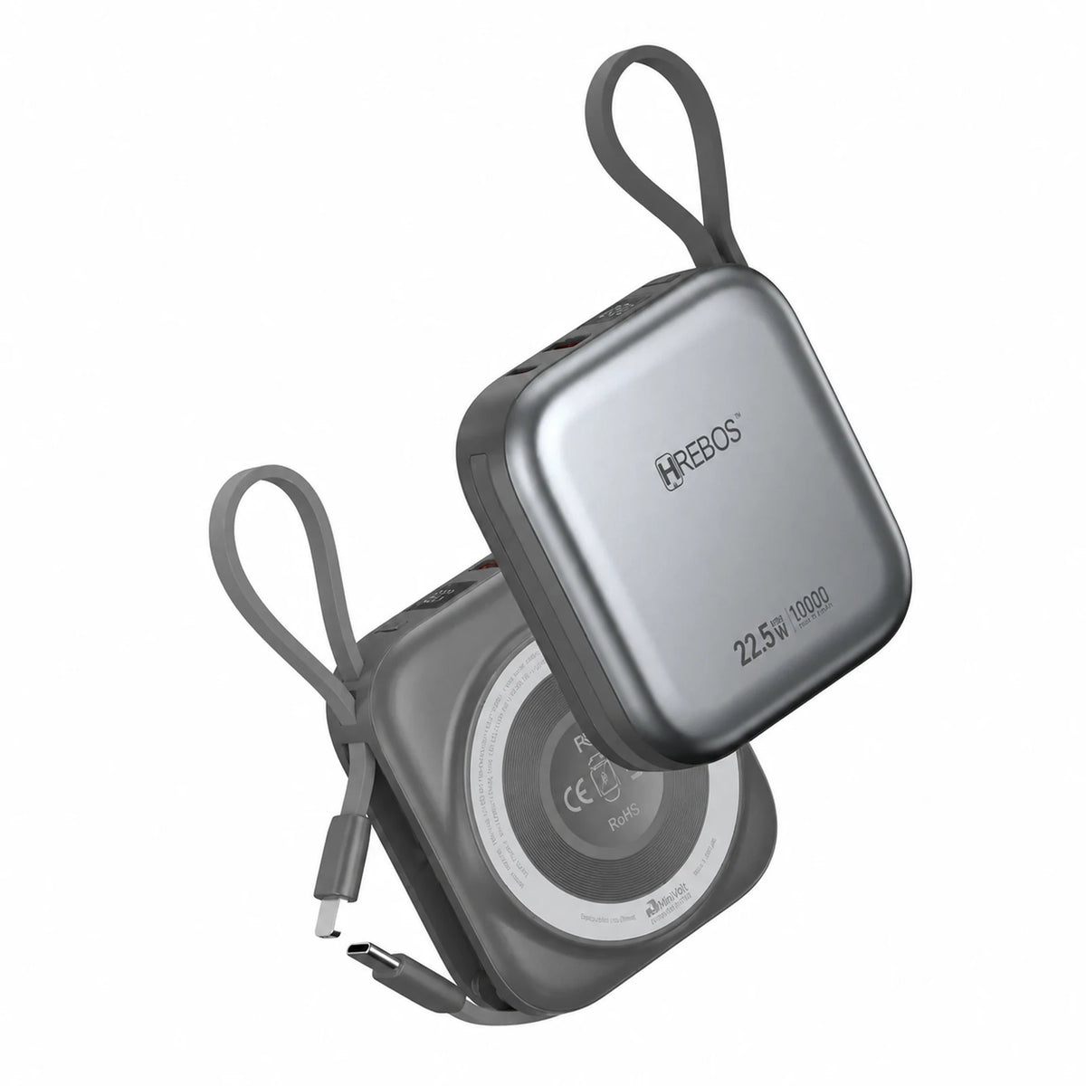 Duas vistas do power bank Hrebos MiniVolt PB-918 cinza com alças e cabos integrados sobre fundo branco