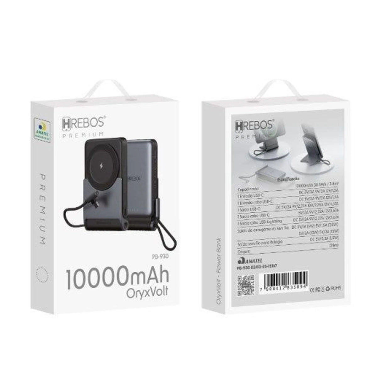 Embalagem frontal e traseira do Power Bank Hrebos OryxVolt PB-930 10.000 mAh