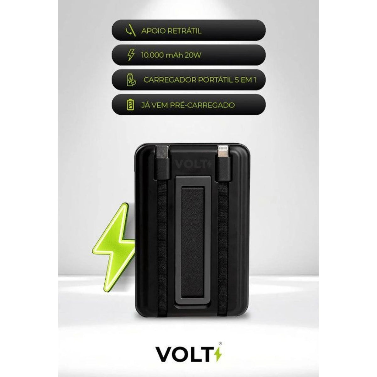 Power Bank Volt Power Sync preto com apoio retrátil e cabos integrados