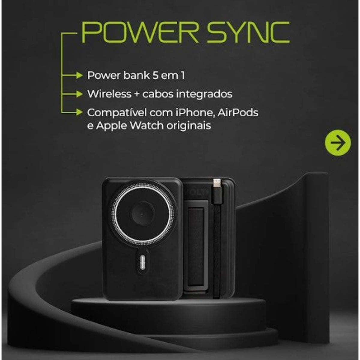 Arte do Power Bank Volt Power Sync preto com carregamento sem fio e cabos integrados