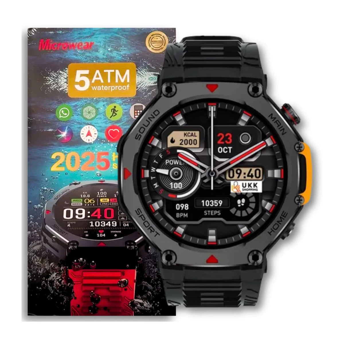 Smartwatch Microwear MREX 4 preto diante da embalagem