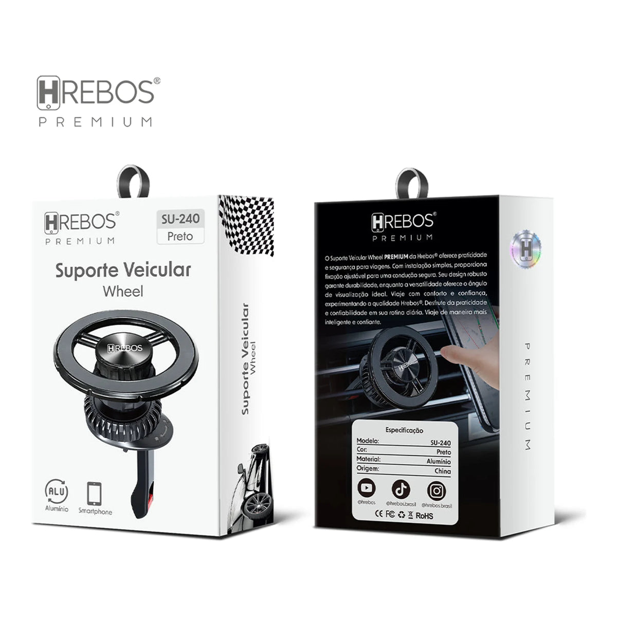 Embalagens frontal e traseira do Suporte Veicular Hrebos Wheel SU-240 preto