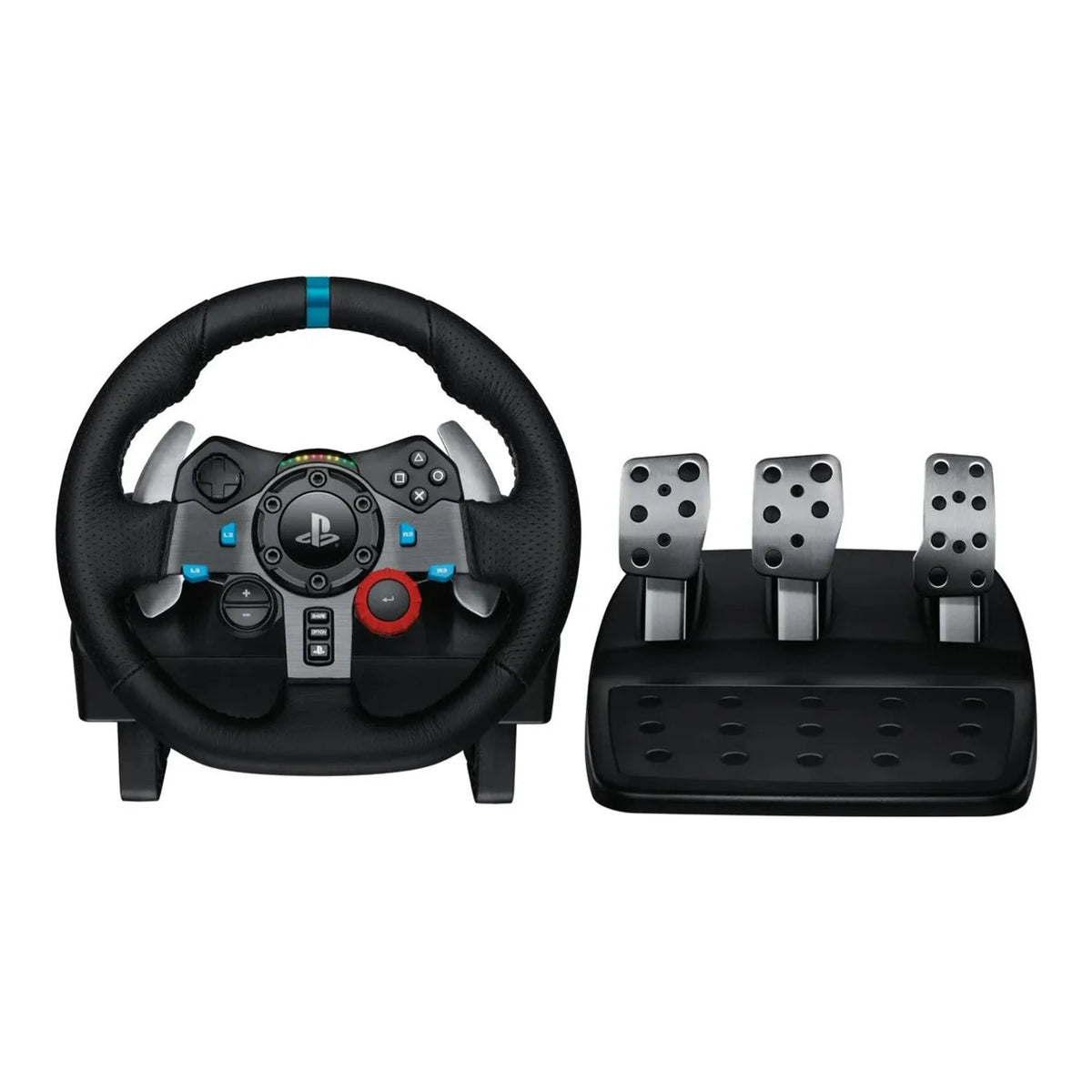 Volante Logitech G29 preto com conjunto de três pedais em vista frontal