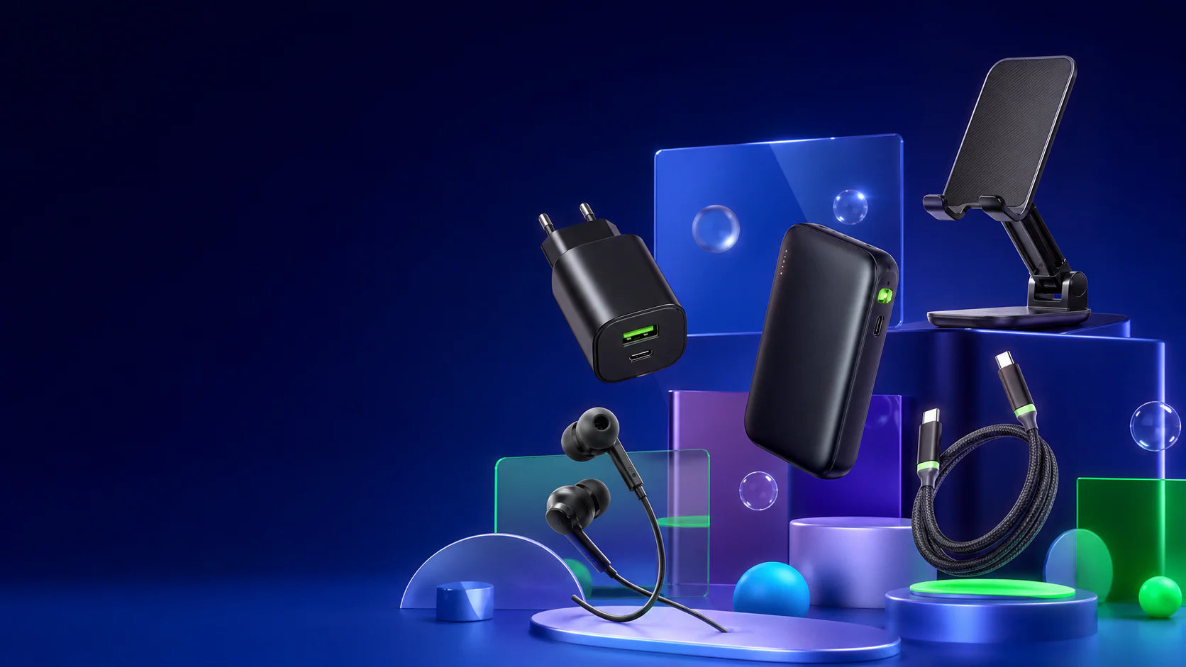 Carregadores, power bank e cabos para celular em cenário tecnológico da VERO