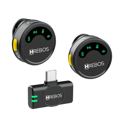 Dois microfones Hrebos AirMic IF-1000 pretos com receptor USB-C