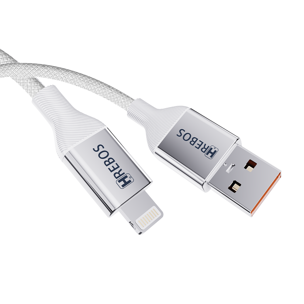 Conectores USB-A e Lightning do Cabo Hrebos CB-507 branco em perspectiva