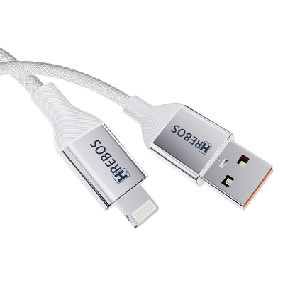 Conectores USB-A e Lightning do Cabo Hrebos CB-507 branco em perspectiva