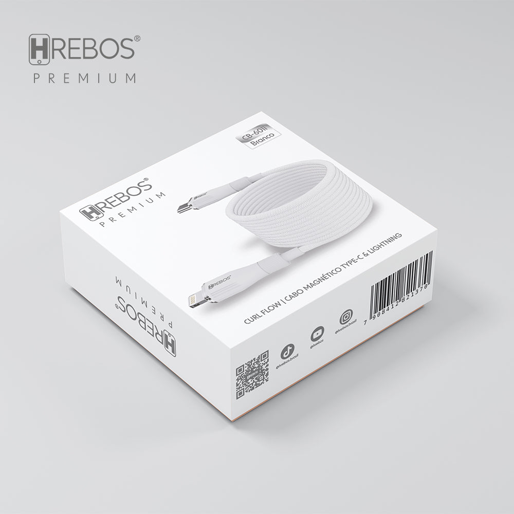 Embalagem do Cabo Hrebos Curl Flow CB-601 branco USB-C para Lightning