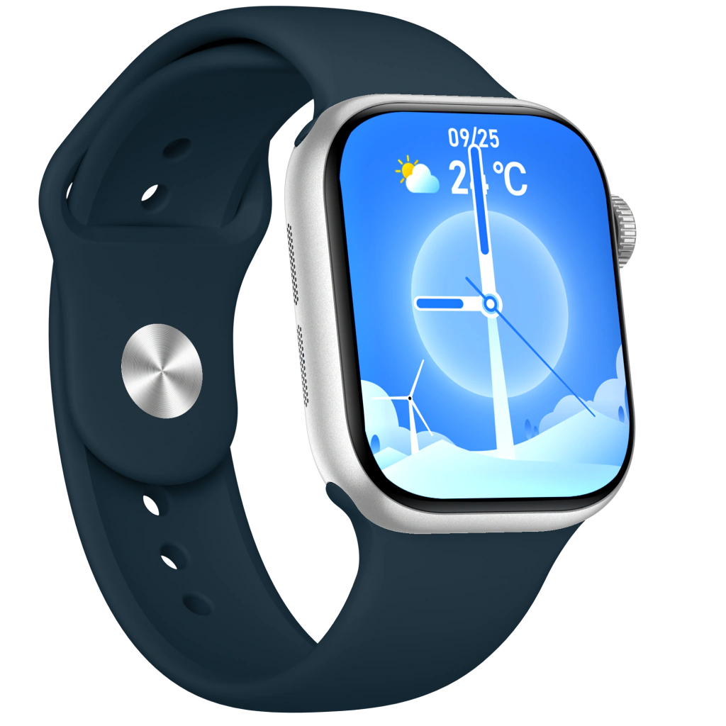 Smartwatch AuraFit A10 Pro prata com pulseira azul e mostrador azul