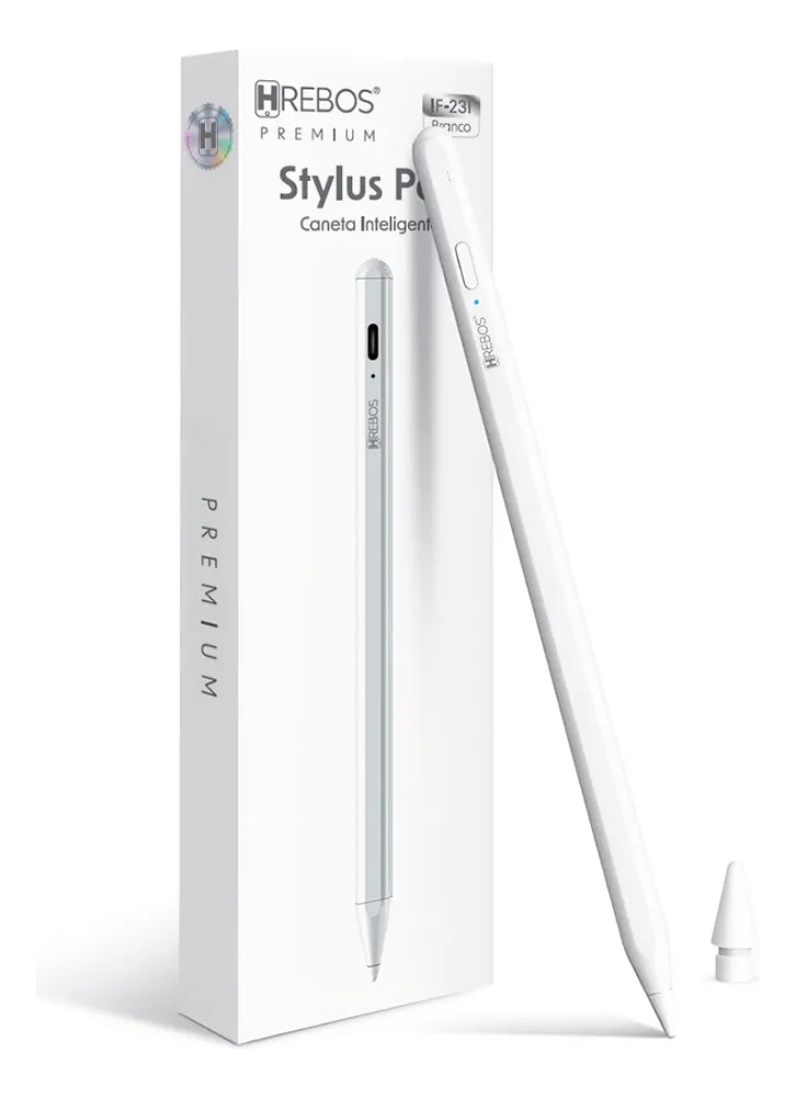 Caneta Hrebos Stylus Pen IF-231 branca diante da embalagem