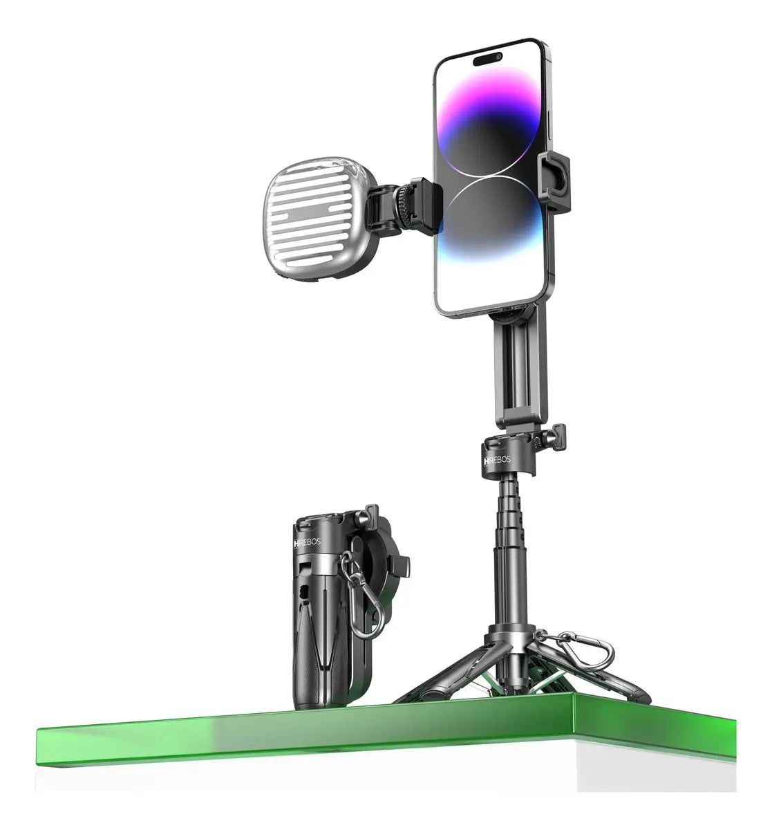Bastão de Selfie Hrebos IF-107 preto aberto como tripé com smartphone