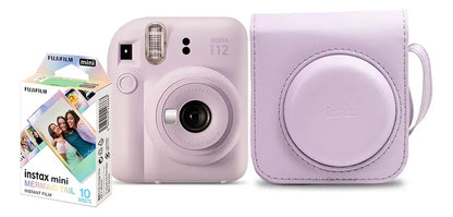 Kit Instax Mini 12 lilás com bolsa lilás e filme instantâneo