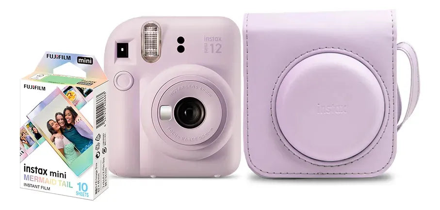 Kit Instax Mini 12 lilás com bolsa lilás e filme instantâneo