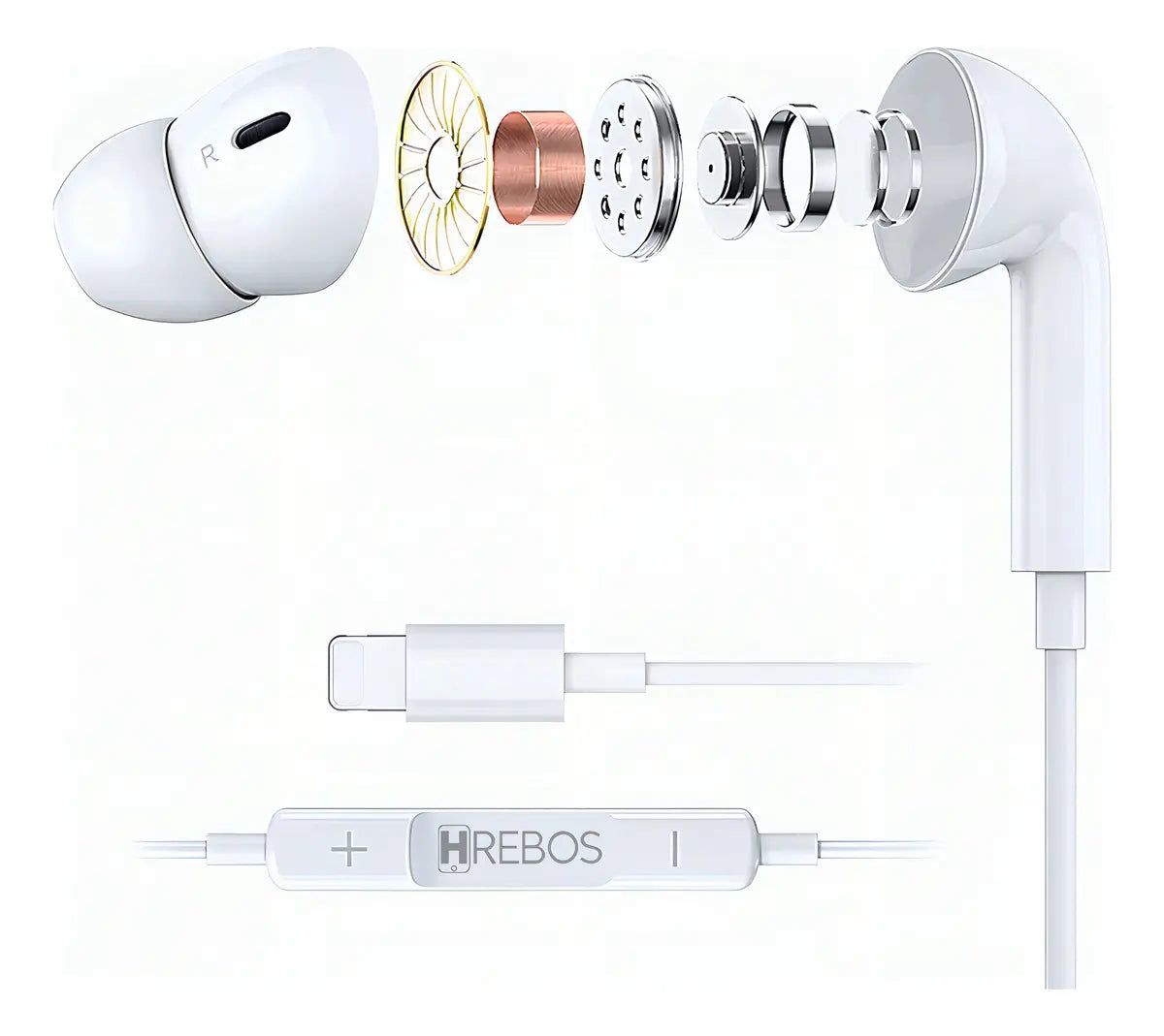 Detalhe em camadas do alto-falante do Fone Hrebos FN-358 branco