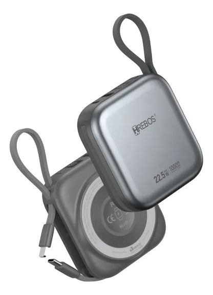 Vistas frontal e traseira do Power Bank Hrebos MiniVolt PB-918 cinza com cabos integrados