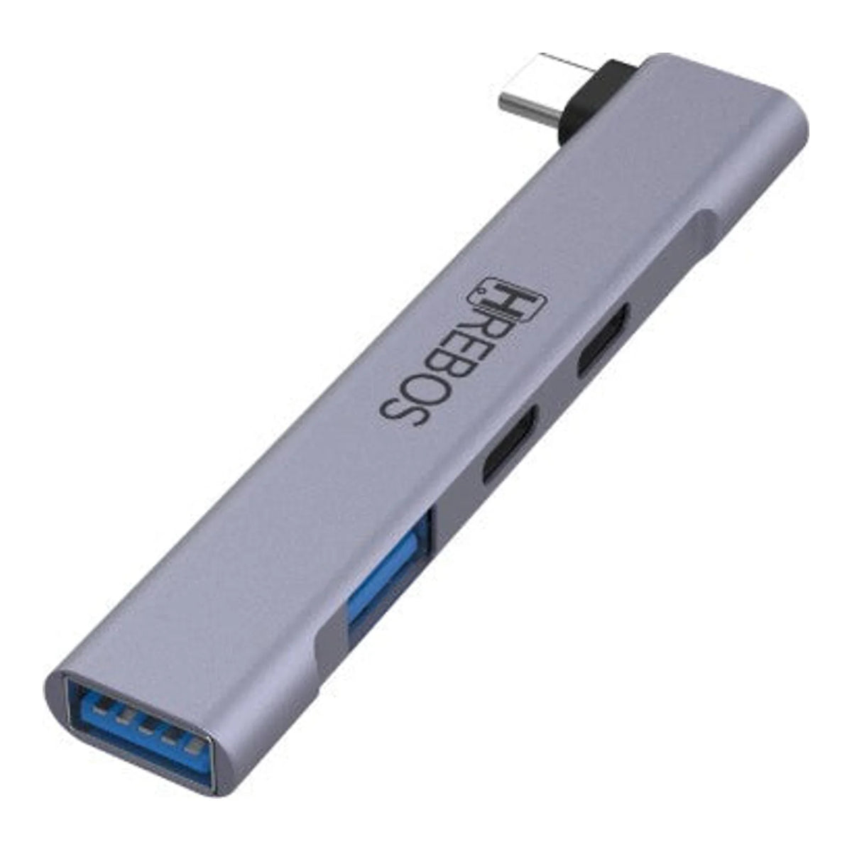 Adaptador Hub Hrebos AD-236 cinza com conector USB-C e quatro portas em perspectiva