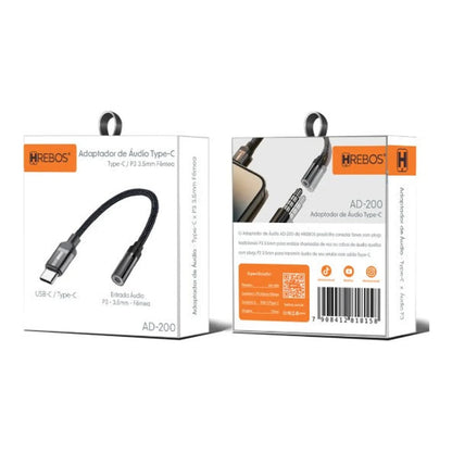 Embalagem frontal e traseira do Adaptador de Áudio Hrebos AD-200 USB-C para P2