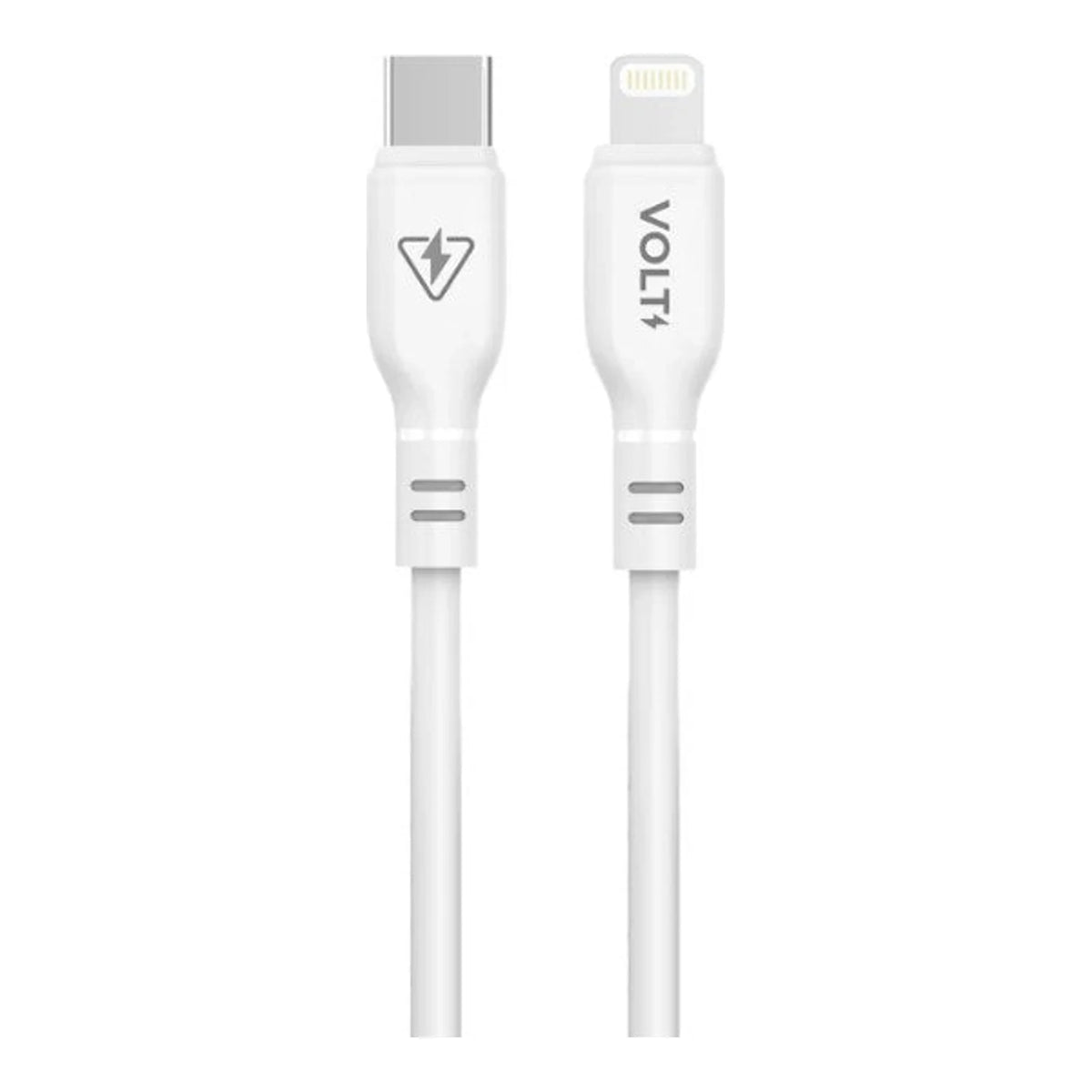 Cabo Volt Flex Pro USB-C para Lightning branco com conectores em destaque