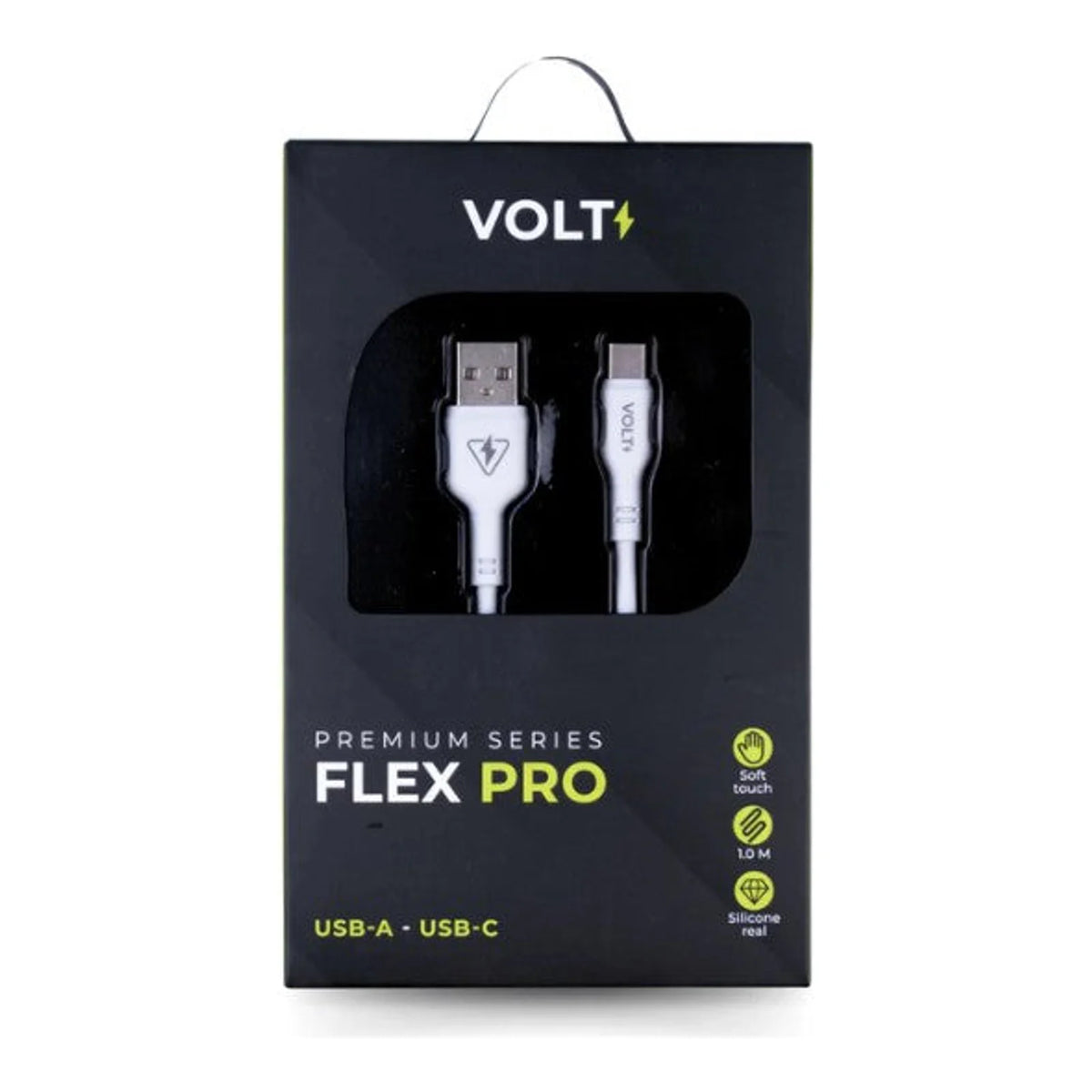 Embalagem frontal do Cabo Volt Flex Pro USB-A para USB-C branco