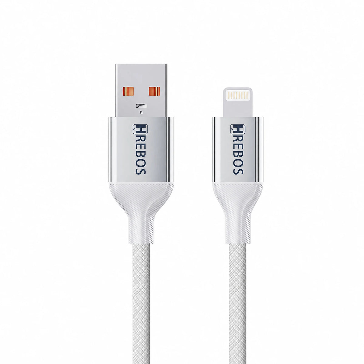 Conectores USB-A e Lightning do cabo Hrebos CB-507 branco sobre fundo branco