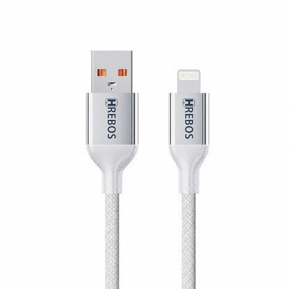 Conectores USB-A e Lightning do cabo Hrebos CB-507 branco sobre fundo branco
