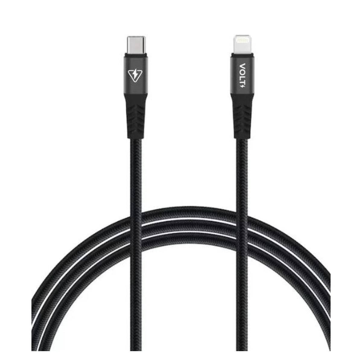 Cabo Volt Metal Pro USB-C para Lightning cinza espacial com conectores em destaque
