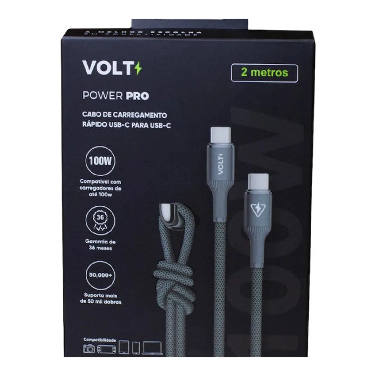 Embalagem frontal do Cabo Volt Power Pro USB-C para USB-C cinza espacial