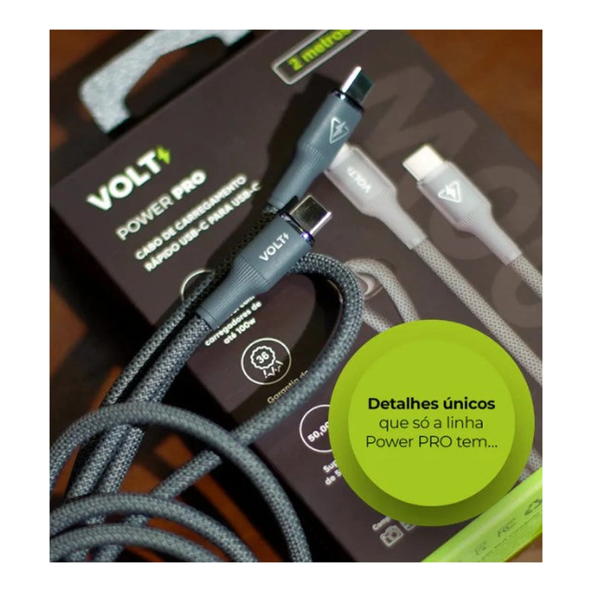 Cabo Volt Power Pro USB-C para USB-C cinza espacial sobre a embalagem