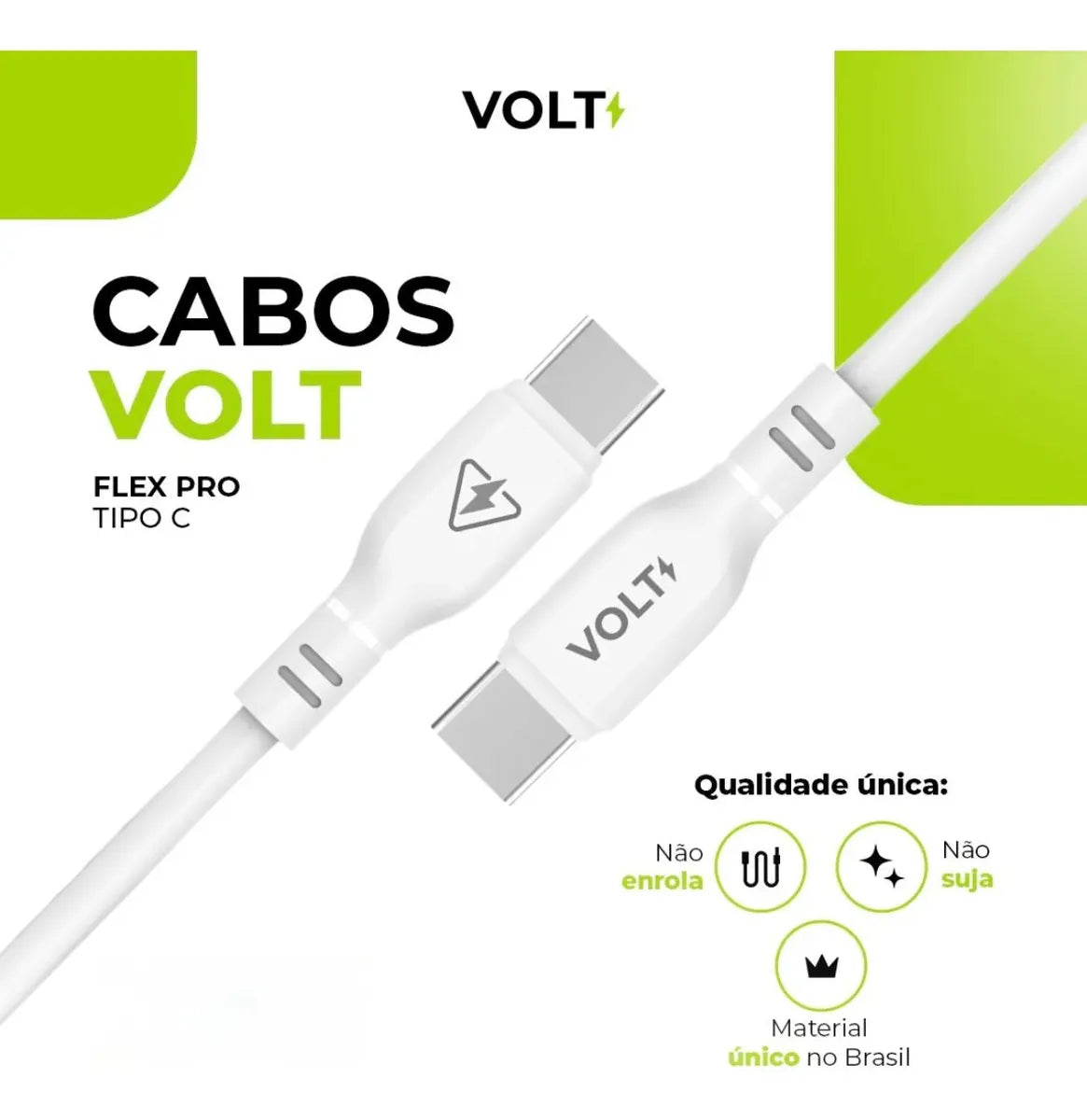 Arte do Cabo Volt Flex Pro USB-C para USB-C branco com conectores e informações do produto