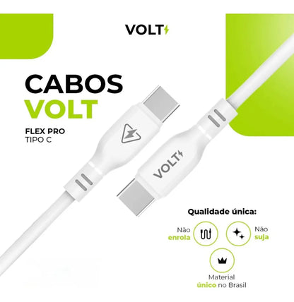 Arte do Cabo Volt Flex Pro USB-C para USB-C branco com conectores e informações do produto