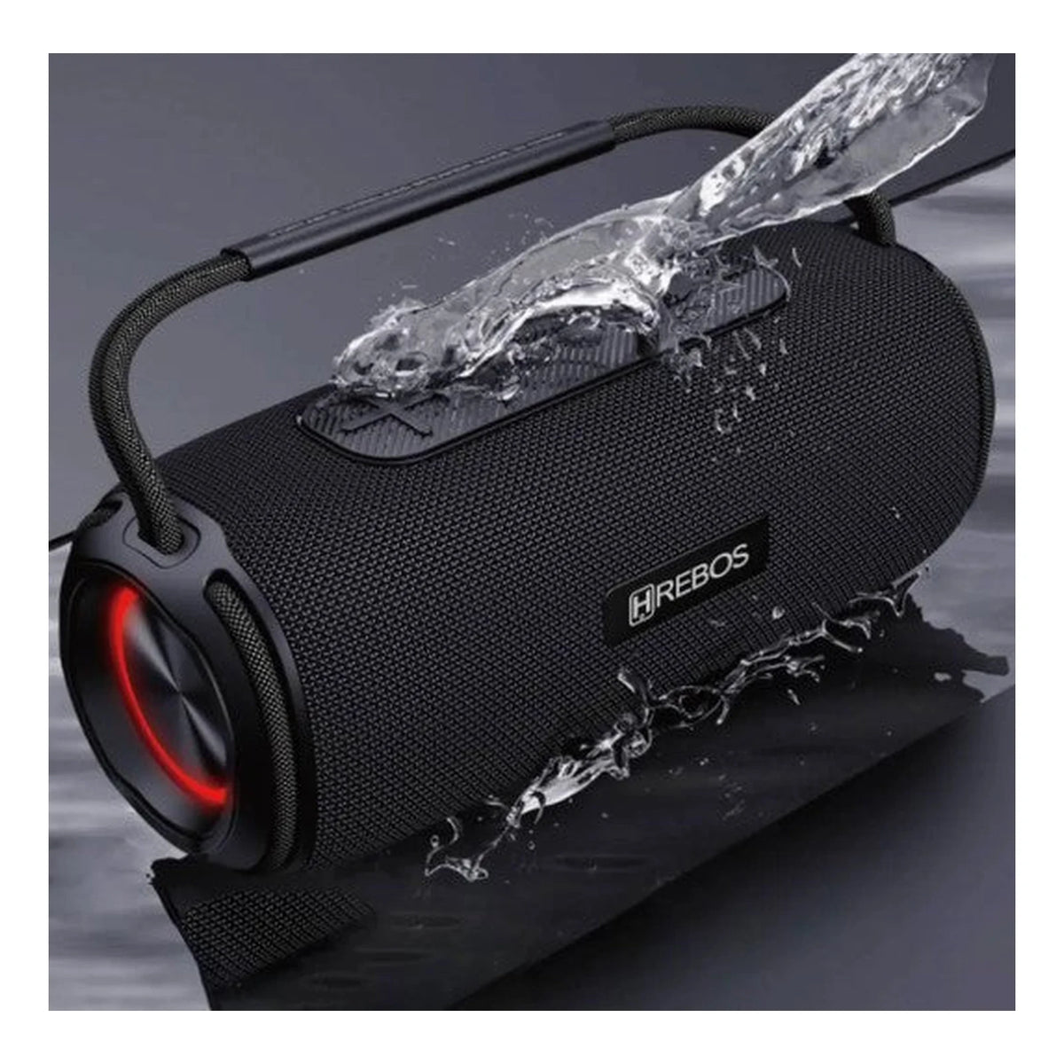 Caixa de Som Bluetooth Hrebos Aqua Sound HS-524 preta com água sobre a estrutura